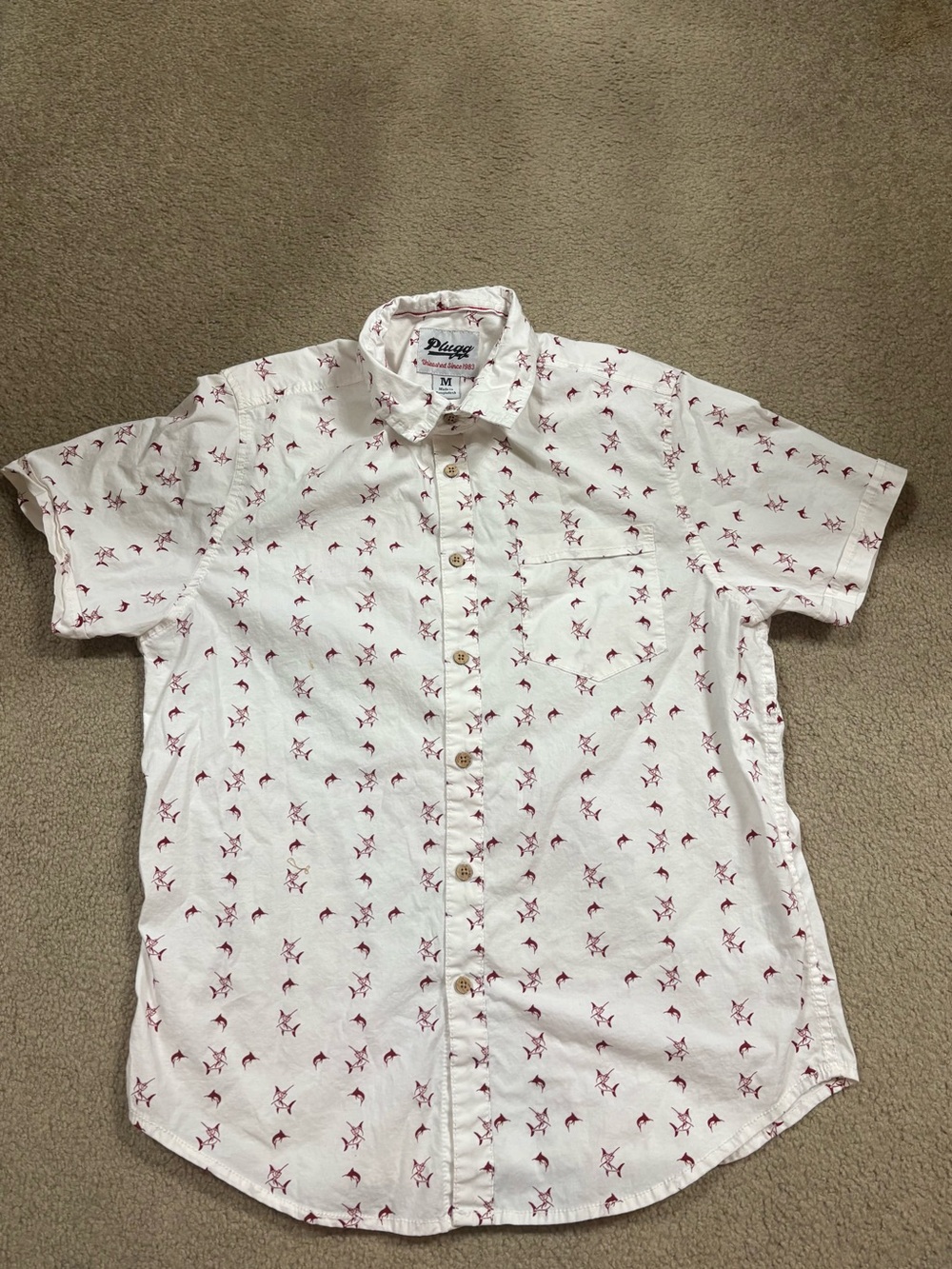 Plugg White Short-Sleeve Button-Down Shirt with Red bird Print